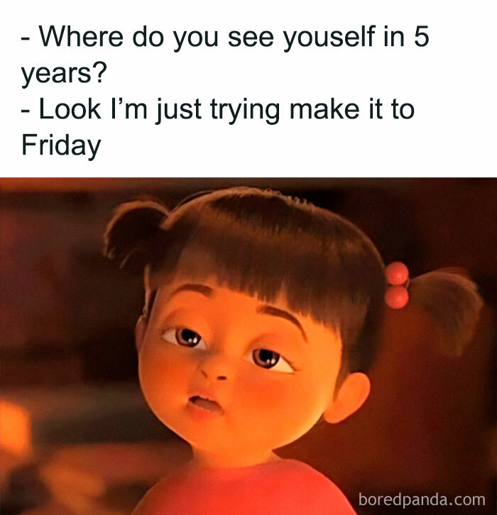 Funny meme with a tired character expressing the struggle of making it to Friday for a happy weekend.