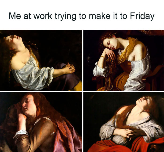 Classic paintings humorously depict people sleeping, illustrating the struggle to reach Friday. Happy Friday memes theme.