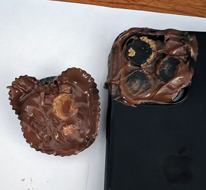 My Wife Left A Reese's Peanut Butter Cup In The Car, It Melted, I Didn't See It And Set My Brand New Phone In It. Oh, And I'm Allergic To Chocolate