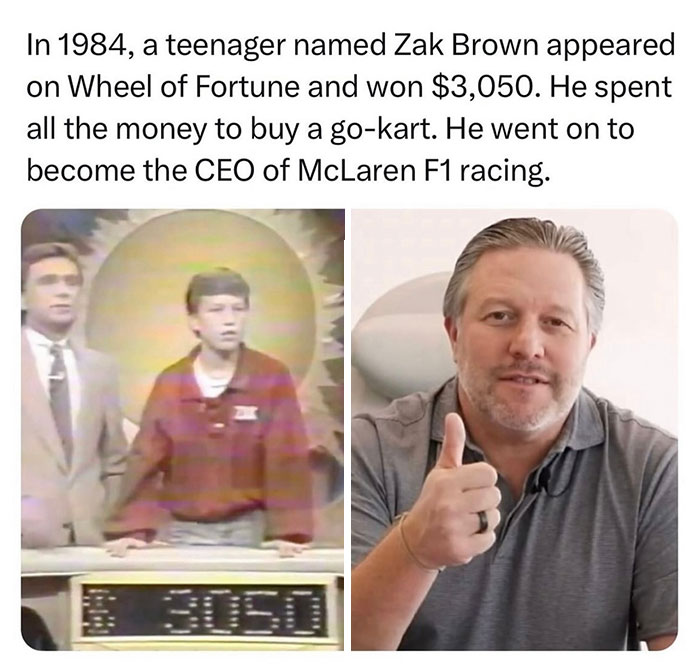 Side-by-side images of Zak Brown as a teenager on Wheel of Fortune and as McLaren F1 racing CEO, history facts.