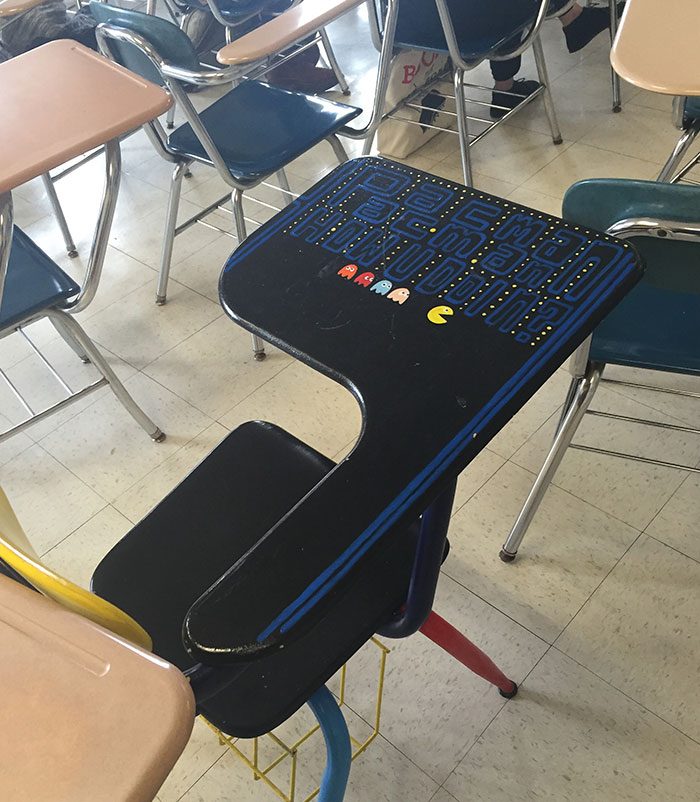 Found A Pac-Man-Themed Desk In My German Class Today