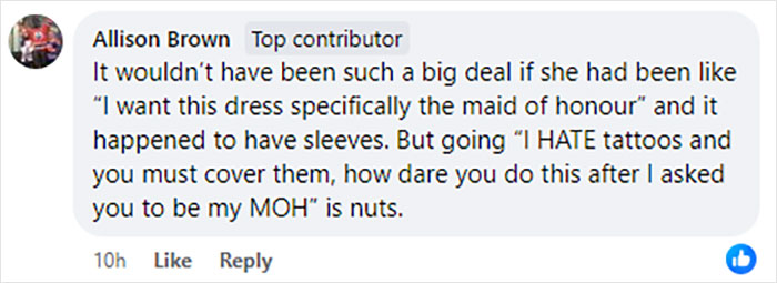 Comment on bride's request for MOH to cover tattoo sleeves, suggesting it's unreasonable.