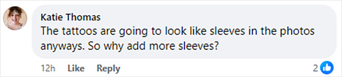 Comment about tattoos resembling sleeves in wedding photos, raising questions on covering them.