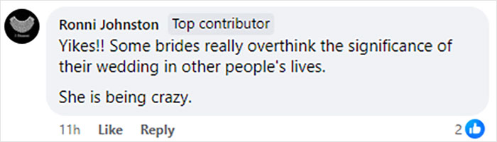 Comment discussing brides, tattoos, and wedding significance with a reality check.