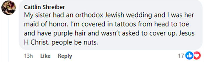 Comment about Maid of Honor's tattoos and wedding attire expectations.