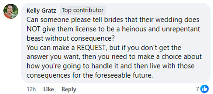 Comment on bride requesting MOH with dark tattoo sleeves to cover up, discussing wedding behavior consequences.