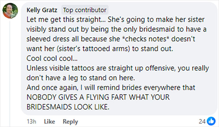 Online comment advising against caring about bridesmaids' tattoo sleeves.