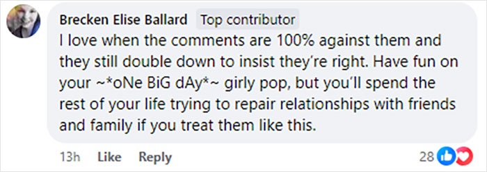 Comment criticizing bride's request for MOH to cover tattoo sleeves, suggesting future relationship issues.