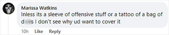 Comment about covering tattoo sleeves, questioning the need to hide them unless offensive.