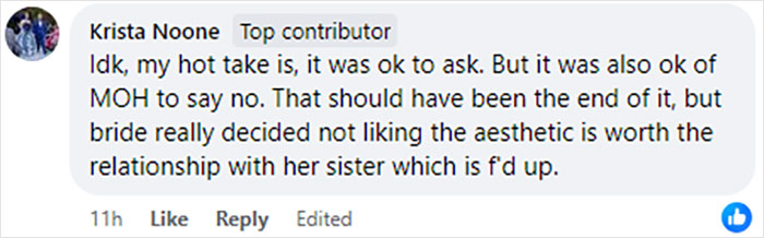 Comment discussing the bride's request to MOH to cover tattoo sleeves, highlighting relationship impact.