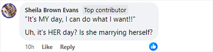 A comment questioning a bride's choice about tattoo sleeves on MOH.