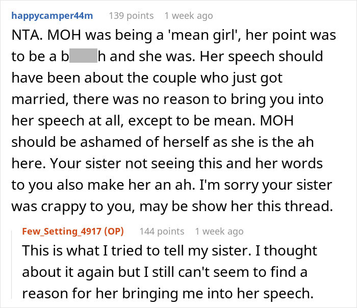 &ldquo;AITA For Leaving My Sister&rsquo;s Wedding Early After Her Maid Of Honor Humiliated Me In Her Speech?&rdquo;