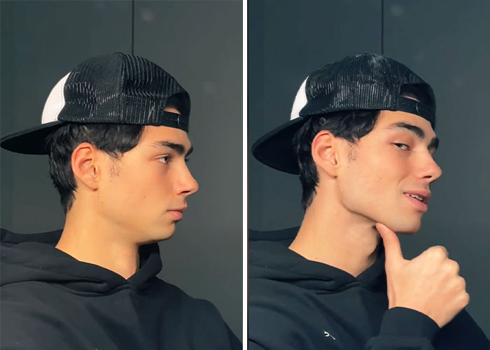 Young man demonstrating mewing technique in a meme format, wearing a black cap and hoodie.