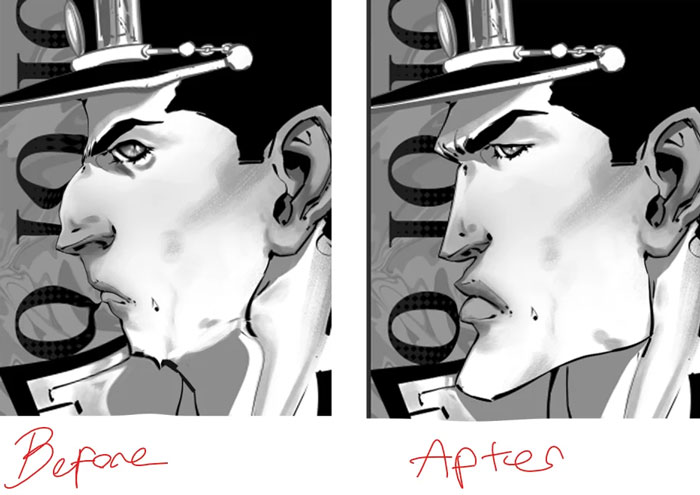 Before and after illustration of mewing trend showing changes in jawline profile.