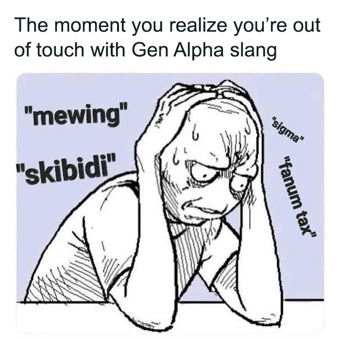 Confused cartoon figure overwhelmed by mewing meme and Gen Alpha slang.