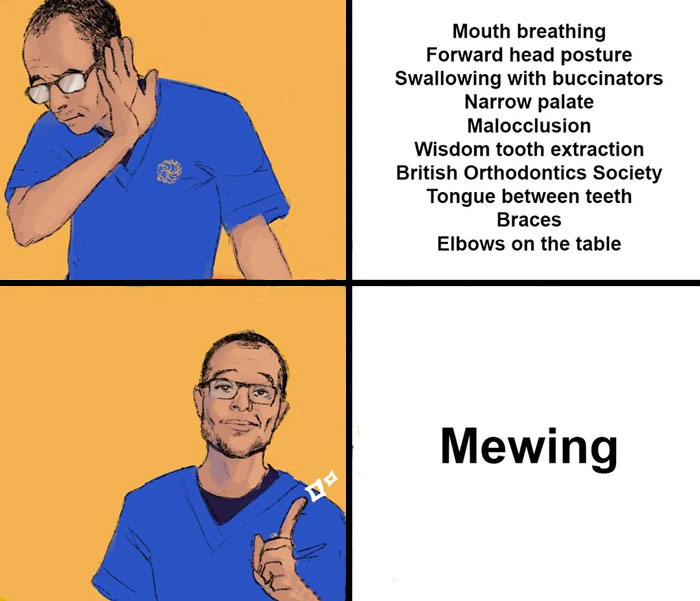 Illustration of a person demonstrating mewing, a viral TikTok trend, with a list of dental issues.