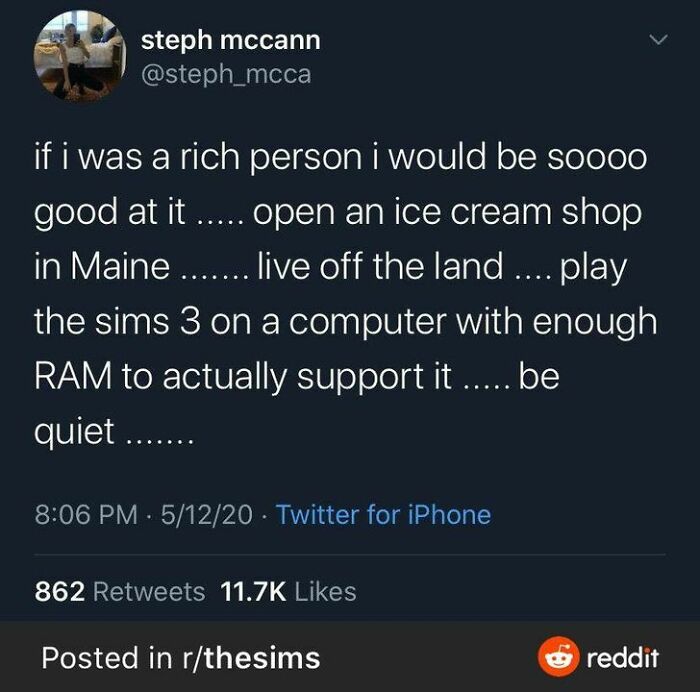 Tweet about relatable sims meme humor, mentioning playing Sims 3 with good RAM and life dreams like an ice cream shop.