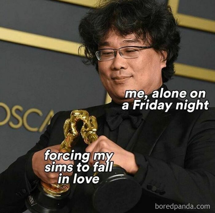 Man holding an Oscar with meme text about The Sims and being alone, humorously relatable.