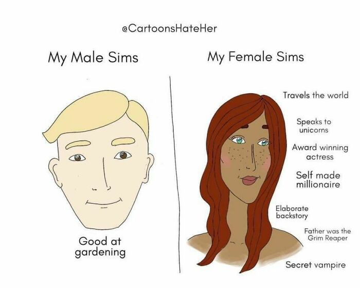 Hilariously relatable meme comparing traits of male and female Sims characters.