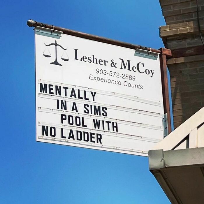 Sign reads "Mentally in a Sims pool with no ladder," featuring relatable Sims meme humor.
