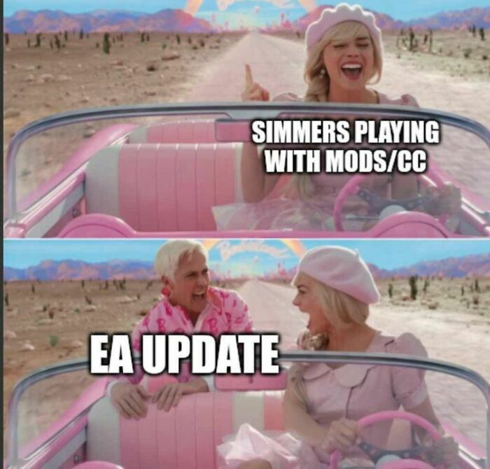 Two-panel meme: Top shows a woman driving, labeled "Simmers playing with mods/CC." Bottom shows a man labeled "EA update."