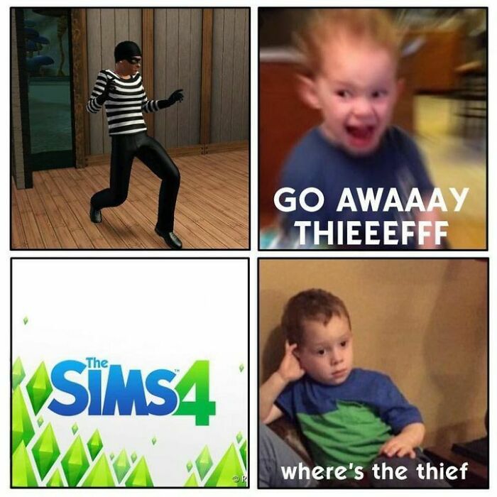 Meme collage with a Sims character thief and two kids reacting humorously.