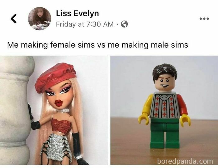 Doll and LEGO figure compare making female and male sims; funny relatable meme.