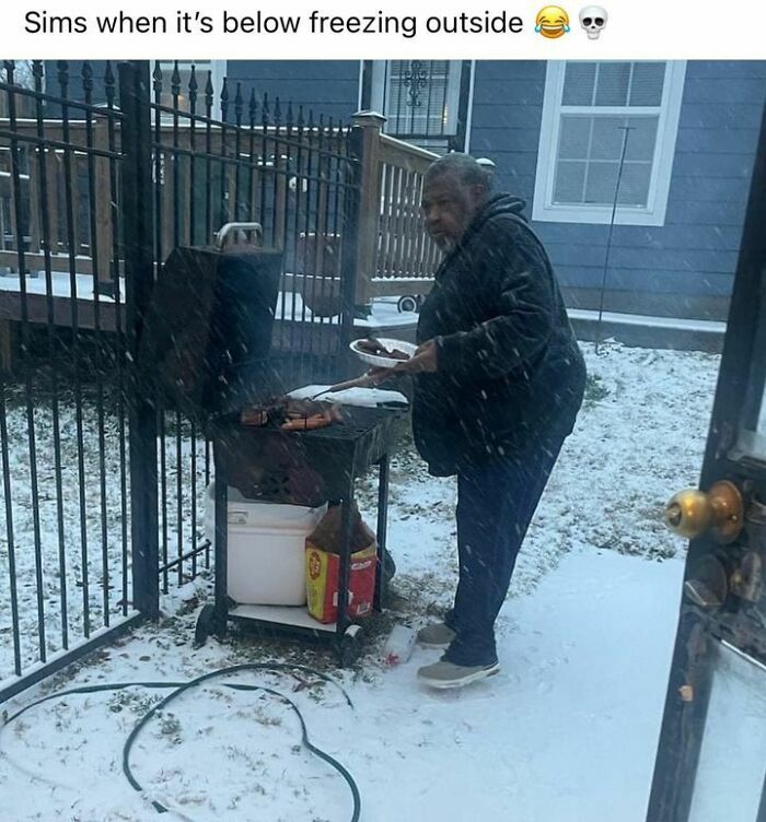 Person grilling outside in the snow, humorously highlighting relatable Sims meme scenario.