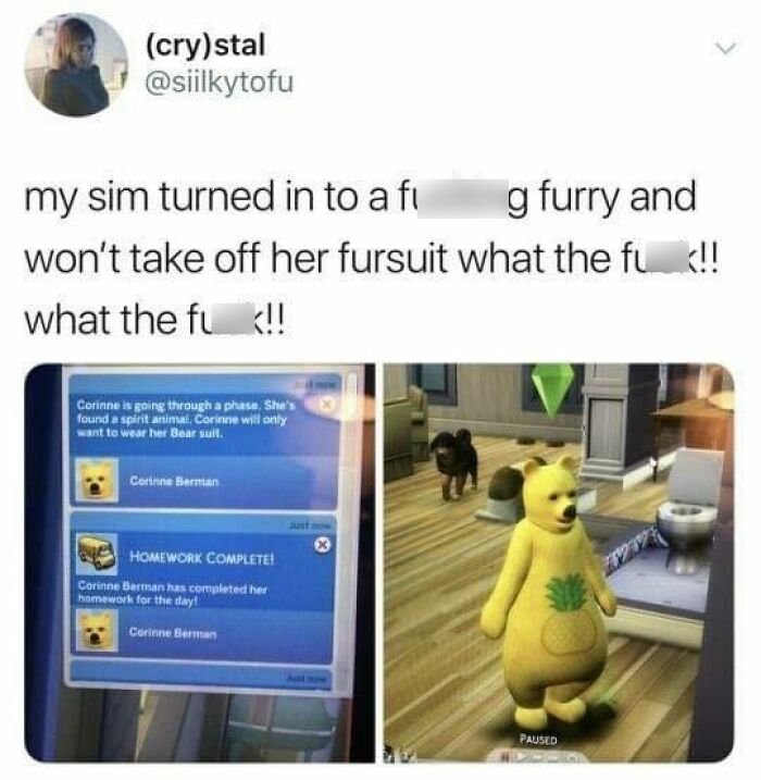 Hilarious meme of a Sim character in a yellow bear suit with a pineapple, depicting relatable gaming humor.