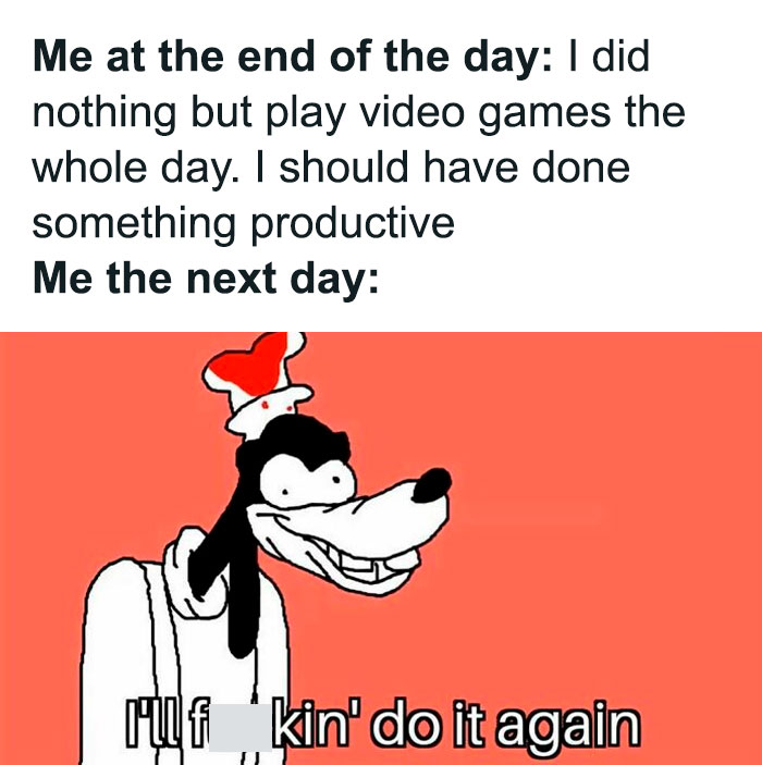 Cartoon character humorously admitting to procrastination with text about playing video games instead of being productive.