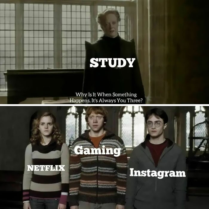 Meme showing a teacher scolding Netflix, Gaming, and Instagram, representing procrastination habits.