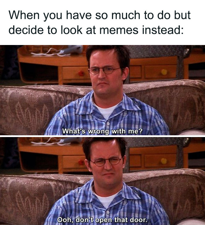 A relatable meme about procrastination featuring a character questioning their choices on a couch.