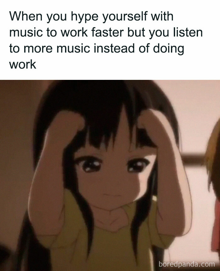 Anime girl raising fists in motivation, with a caption about music and procrastination.