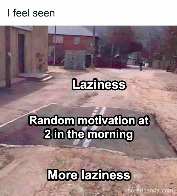 A dirt path labeled "laziness" with a paved section as "random motivation" for procrastination memes.
