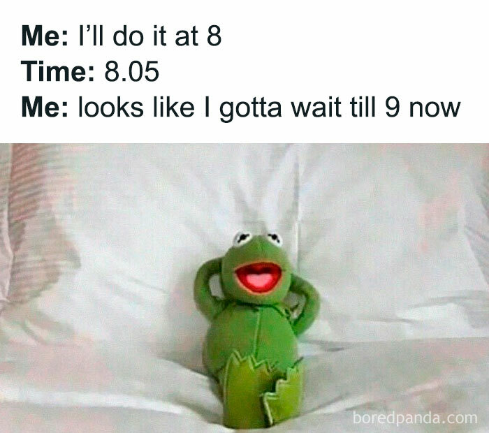 Kermit the Frog lying on a bed, humorously depicting procrastination with a relatable meme caption.