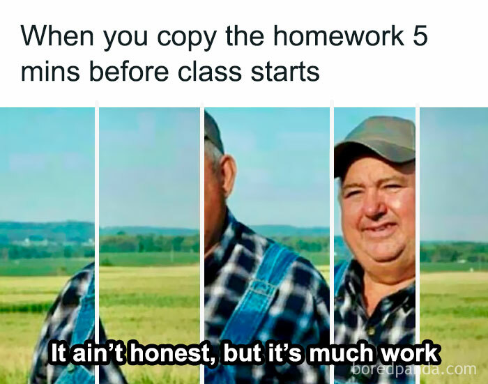 Farmer meme about procrastination with split panels, captioned "It ain’t honest, but it’s much work" on a field background.