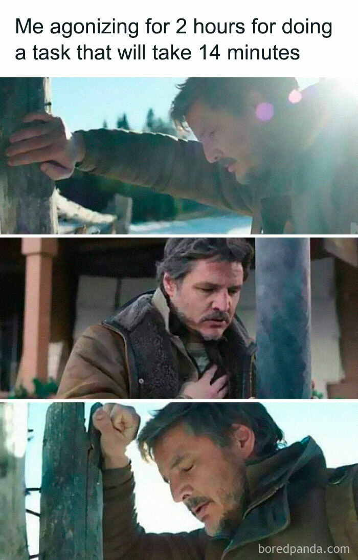 Man depicting procrastination, leaning on a post, overwhelmed by a simple task.