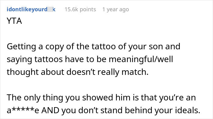 Reddit comment criticizing a parent for copying their 19-year-old son's tattoo to prove a point.