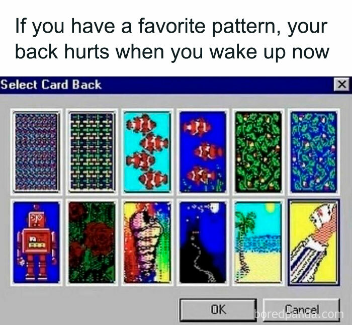 Old computer screen showing patterns for card backs with funny relatable meme caption about aging.