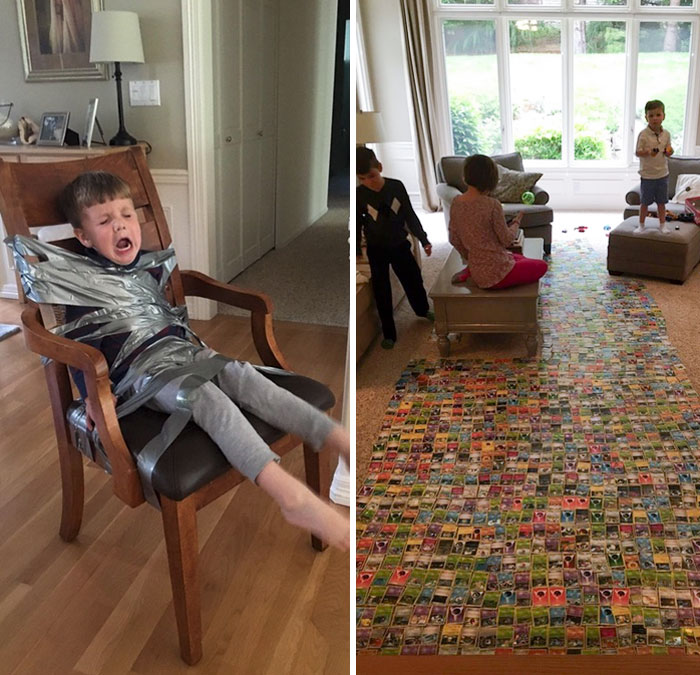 My Two Older Children Were Trying To Lay Out All Of Their Pokémon Cards, But The Youngest Kept Intervening, So They Duct-Taped Him To A Chair