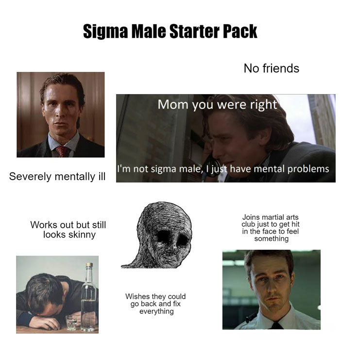 Sigma face meme from Sigma Male Starter Pack with humorous captions.