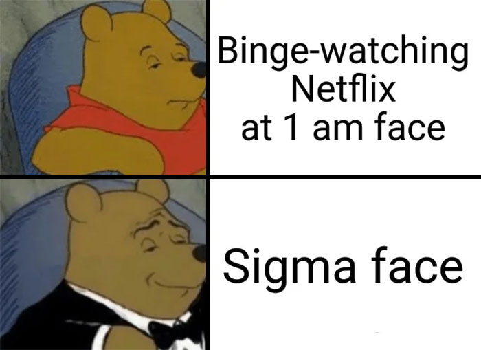 Winnie the Pooh meme showing a "binge-watching Netflix face" and "Sigma face" in tuxedo.