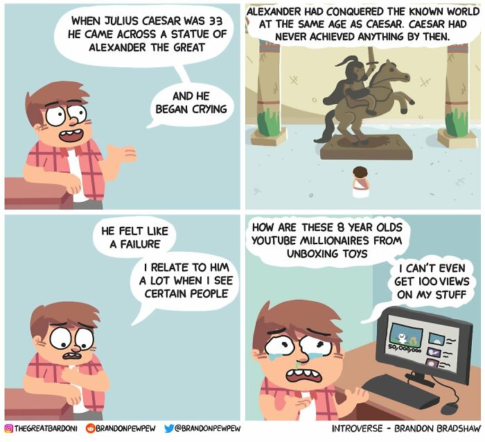 Dark comic panels showing a young man reflecting on failure and comparing achievements to YouTube child millionaires.