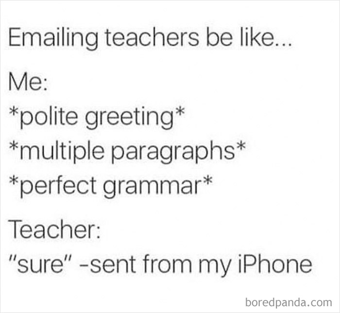 "Funny meme about emailing teachers with long messages and receiving brief replies."