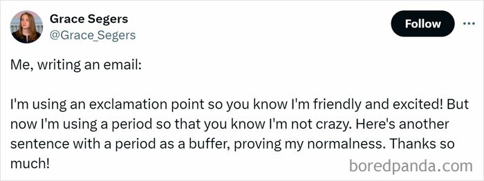 Tweet humorously reliving teenage email habits, using exclamation points and periods for tone balance.