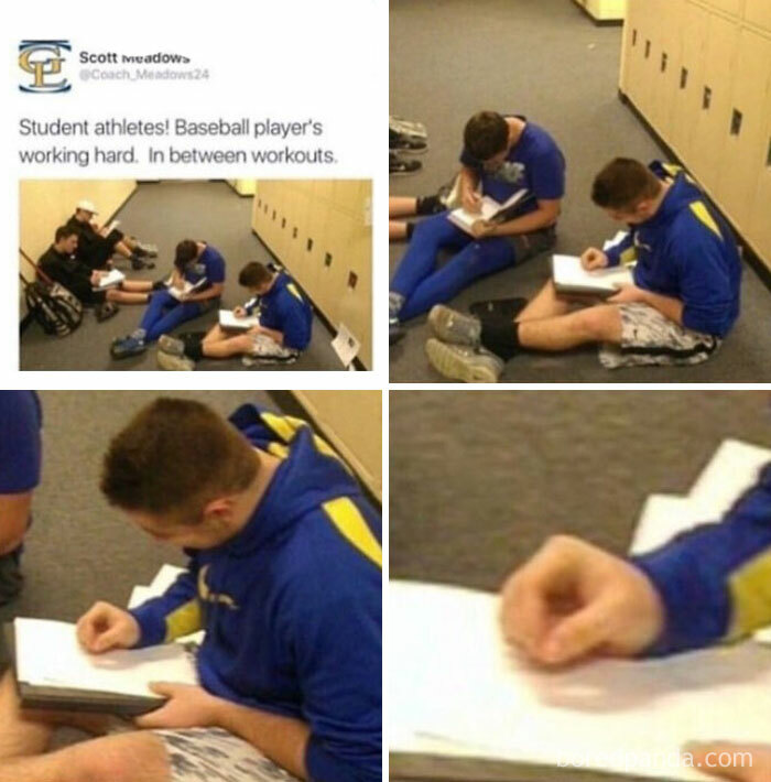 Student athletes in a locker room writing on paper, focusing after workouts.