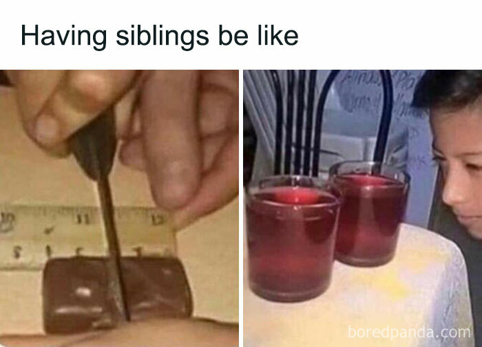 Siblings divide chocolate with precision; kid inspects equal red drinks, evoking teenage humor.