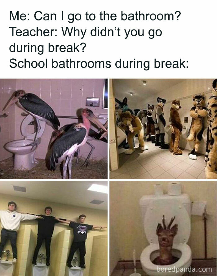School bathroom chaos captured in a series of funny memes reflecting teenage phase challenges.