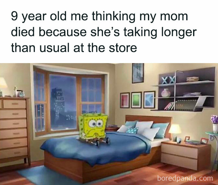 SpongeBob sitting anxiously on a bed, capturing a humorous teenage phase memory.