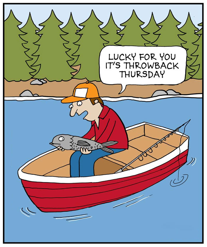 Cartoon man in a boat holding a fish, with a speech bubble referencing Throwback Thursday.